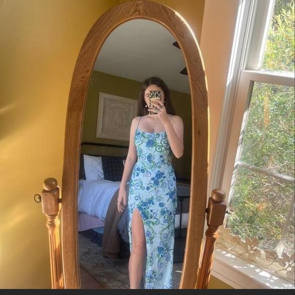 Sherri Hill Blue and Green Floral Prom Dress